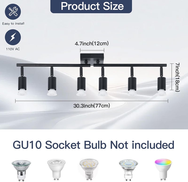 SEEBLEN 6-Light Kitchen Track Lighting, Black Adjustable GU10 Track Ceiling Light Kit, Industrial Flush Mount Ceiling Spotlight Fixture for Hallway, Dining Room - Image 2